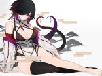  1girl absurdres arm_support bare_legs bare_shoulders barefoot black_hair black_legwear breasts cleavage closed_mouth collarbone covered_navel detached_sleeves earrings egasumi gradient_hair hair_over_one_eye head_tilt highres jewelry large_breasts long_sleeves looking_at_viewer multicolored_hair multiple_tails original pointy_ears reclining red_eyes red_hair revealing_clothes shiershishisanfen short_hair single_thighhigh smile solo tail thighhighs tree two_tails underbust 