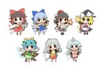  6+girls antennae apron aqua_hair ascot bare_shoulders barefoot black_hair black_headwear black_skirt blonde_hair blue_bow blue_dress blue_eyes blue_hair blue_sleeves blush bow broom brown_eyes butterfly_wings cirno closed_mouth cloud_print collared_shirt detached_sleeves detached_wings dress eternity_larva eyebrows_visible_through_hair fairy flower full_body gohei green_dress green_eyes green_hair hair_between_eyes hair_bow hair_tubes hakurei_reimu hand_fan hat hauchiwa hidden_star_in_four_seasons holding holding_broom holding_fan holding_weapon horns ice ice_wings japanese_clothes kariyushi_shirt kirisame_marisa komano_aunn leaf leaf_on_head long_hair long_sleeves mittens morning_glory multicolored_clothes multicolored_dress multiple_girls nata_(tool) nontraditional_miko open_mouth orange_dress outstretched_arms pink_flower pink_scarf pom_pom_(clothes) puffy_short_sleeves puffy_sleeves red_bow red_dress red_eyes red_headwear red_shirt red_skirt ribbon-trimmed_sleeves ribbon_trim sakata_nemuno scarf shameimaru_aya shirt short_hair short_sleeves shorts sidelocks simple_background single_horn skirt smile spread_arms sunflower tanned_cirno tokin_hat touhou waist_apron weapon white_apron white_background white_hair white_shirt white_shorts white_sleeves wide_sleeves wings witch_hat yellow_ascot yellow_dress yellow_eyes yellow_flower zannen_na_hito 