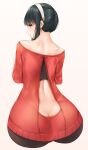  1girl ass back back_cutout backless_outfit bare_shoulders black_hair black_legwear butt_crack clothing_cutout earrings from_behind highres jewelry looking_at_viewer looking_back pantyhose red_eyes red_sweater sidelocks sitting solo spy_x_family sweater yor_briar zah_takara 