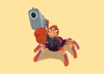  2022 aiming aiming_at_viewer angry anthro arachnid arthropod dreamworks female gun hi_res inker_comics ms._tarantula_(the_bad_guys) mygalomorph ranged_weapon reaction_image simple_background solo spider tarantula the_bad_guys weapon yellow_background 