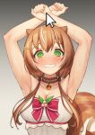  1girl @_@ acorn_pendant animal_ears armpits arms_up ayunda_risu blush bow breasts brown_choker brown_hair choker cleavage cursor dress embarrassed eyebrows_behind_hair fur_choker gradient gradient_background green_eyes grey_background highres hololive hololive_indonesia kangbus long_hair looking_at_viewer low_twintails medium_breasts nervous_smile parted_lips red_bow solo squirrel_ears squirrel_girl squirrel_tail strapless strapless_dress sweat tail tearing_up tears twintails upper_body virtual_youtuber white_dress 