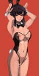  1girl absurdres animal_ears areolae armpits arms_up bangs bare_shoulders black_bow black_bowtie black_hair black_hairband bow bowtie breasts bunny_pose cleavage covered_navel covered_nipples cowboy_shot eyebrows_visible_through_hair fake_animal_ears fake_tail hairband highleg highleg_leotard highres hime_cut komi-san_wa_komyushou_desu komi_shouko large_breasts leotard lips lipstick long_hair looking_at_viewer makeup mamimi_(mamamimi) meme_attire navel nipples one-piece_swimsuit parted_lips playboy_bunny purple_eyes rabbit_ears rabbit_tail red_background see-through sidelocks simple_background solo strapless strapless_leotard swimsuit tail thighs traditional_bowtie wing_collar wrist_cuffs 
