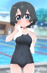  1girl alternate_costume bare_shoulders black_hair blue_eyes blue_swimsuit blush commentary_request cowboy_shot eyebrows_visible_through_hair highres kaban_(kemono_friends) kemono_friends no_hat no_headwear one-piece_swimsuit pool ransusan school_swimsuit short_hair sleeveless solo sparkle swimsuit towel towel_around_neck water_drop 