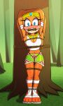  anthro bdsm bit_gag blush bondage bound breasts cleavage clothed clothing crotch_rope crown echidna female footwear gag hi_res jewelry looking_at_viewer mammal midriff monotreme necklace panty_peek plant restraints rope rope_bondage sandals sega solo sonic_adventure sonic_the_hedgehog_(series) tiara tied_to_tree tikal_the_echidna tree zeecibee 