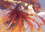  1girl back bare_shoulders beads breasts brown_hair claws detached_sleeves fate/grand_order fate/requiem fate_(series) gradient_hair gradient_sky hair_between_eyes highres horns japanese_clothes kijo_kouyou_(fate) kimono large_breasts leaf long_hair maple_leaf multicolored_hair orange_hair ponytail prayer_beads rope sash sky sleeveless sleeveless_kimono slit_pupils solo sword tail tinaso tree very_long_hair weapon white_kimono wide_sleeves yellow_eyes 