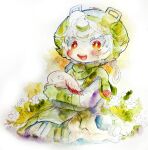  1girl :d absurdres akamtvahosi animal blush bright_pupils child commentary_request curly_hair dress flower full_body gloves grass green_dress green_gloves green_hair green_headwear green_scarf hat highres holding holding_animal long_sleeves looking_at_viewer made_in_abyss meinya_(made_in_abyss) multicolored_hair open_mouth orange_eyes prushka scarf short_hair sitting sketch smile solo streaked_hair teeth traditional_media upper_teeth white_background white_flower white_hair white_pupils 