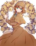  1girl blush brown_cape brown_dress brown_hair cabbie_hat cape circle deerstalker detective dress floral_background floral_print green_eyes hat holding holding_magnifying_glass idolmaster idolmaster_cinderella_girls kate_(idolmaster) koyo_akio long_skirt long_sleeves looking_at_viewer looking_to_the_side magnifying_glass neck_ribbon plaid_capelet plaid_headwear ribbon rose_print skirt smile solo wavy_hair 