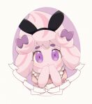  1girl alcremie alcremie_(ribbon_sweet) alcremie_(ruby_cream) animal_ears apron bangs black_hairband blurry blush bow chromatic_aberration closed_mouth clothed_pokemon colored_skin commentary_request depth_of_field dress expressionless fake_animal_ears frilled_apron frills hair_bow hairband hand_to_own_mouth hands_up highres light_blush looking_at_viewer maid maid_apron medium_hair multicolored_hair own_hands_together partial_commentary pink_dress pink_hair pink_skin pokemon pokemon_(creature) puffy_short_sleeves puffy_sleeves purple_bow purple_eyes rabbit_ears red_hair round_image short_sleeves shuri_(pixiv_12750616) sidelocks simple_background solo straight-on streaked_hair two-tone_hair upper_body white_apron white_background 