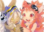  1girl 1other :3 akamtvahosi animal_ears animal_hands blue_headwear brown_fur commentary_request eyebrows_visible_through_hair goggles goggles_on_head grey_hair hands_up helmet highres holding_hands interlocked_fingers long_hair made_in_abyss mitty_(made_in_abyss)_(furry) nanachi_(made_in_abyss) nude open_mouth pink_fur pink_hair red_eyes short_hair_with_long_locks simple_background sparkling_eyes symmetrical_hand_pose tareme upper_body whiskers white_background yellow_eyes 