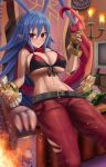  1girl absurdres antenna_hair bikini blue_hair breasts disgaea disgaea_d2 eating hair_between_eyes highres huge_breasts laharl laharl-chan large_breasts long_sleeves looking_at_viewer navel red_bikini red_eyes short_hair silvertsuki sitting solo swimsuit 