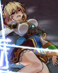  1girl bare_legs blonde_hair brown_skirt crying dungeon_and_fighter female_gunner_(dungeon_and_fighter) long_sleeves on_floor open_mouth ribbon saliva sash shaking short_hair skirt solo sss_(komojinos3) surprised upper_body 