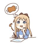  1girl bangs blonde_hair blush bow food hair_bow hands_on_own_cheeks hands_on_own_face holding holding_pen long_hair long_sleeves meat namori open_mouth pen saliva shirt sitting solo toshinou_kyouko translation_request yuru_yuri 