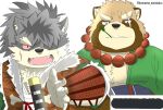  anthro asian_clothing brown_body brown_fur canid canine canis clothing domestic_dog duo east_asian_clothing eyebrows fur grey_body grey_fur gyobu hair japanese_clothing jewelry katana kimono komame_ewokaku lifewonders male mammal melee_weapon necklace ponytail raccoon_dog scar shino_(housamo) sword tanuki thick_eyebrows tokyo_afterschool_summoners video_games weapon 