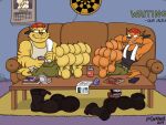  2019 absurd_res anthro artist_name backwards_cap barefoot bodily_fluids brown_body brown_fur brown_stripes calendar chance_furlong clothing detailed_background digital_media_(artwork) domestic_cat doritohead duo feet feet_up felid feline felis fingers foot_focus fur furniture hands_behind_head hanna-barbera hat headgear headwear hi_res inside jake_clawson long_tail male mammal orange_body orange_fur signature simple_eyes sitting smile sofa striped_body striped_fur stripes swat_kats sweat teeth toes towel yellow_body yellow_fur 