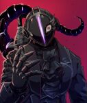  1boy akamtvahosi ascot black_ascot black_gloves black_jacket bondrewd damaged formal gauntlets gloves glowing_tail hand_up helm helmet highres jacket long_sleeves looking_at_viewer made_in_abyss male_focus open_clothes open_jacket red_eyes solo spoilers tail upper_body 