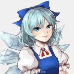  1girl bangs blue_bow blue_dress blue_eyes blue_hair bow breasts cirno close-up closed_mouth collared_shirt commentary_request crossed_arms dress face fairy frilled_sleeves frills hair_bow happy hoshiringo0902 ice ice_wings lips looking_at_viewer neck_ribbon pinafore_dress puffy_short_sleeves puffy_sleeves red_ribbon ribbon shirt short_hair short_sleeves small_breasts smile solo touhou white_shirt wings 