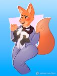  2022 anthro blush breast_grab breasts business_attire business_suit businesswear canid canine clothed clothing diane_foxington digital_media_(artwork) dreamworks eyebrow_piercing facial_piercing female fluffy fluffy_tail fox fur grope groping_breasts hand_on_breast mammal mr._wolf_(the_bad_guys) necktie open_mouth orange_body orange_fur orange_tail piercing shirt simple_background sjevi suit the_bad_guys tongue topwear 
