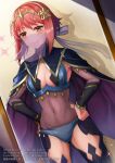  1girl bangs blue_cape blue_panties bodystocking breasts bridal_gauntlets cape cleavage cosplay covered_navel dark_mage_(fire_emblem_fates) eyes_visible_through_hair fire_emblem fire_emblem_fates groin hairband hands_on_hips medium_breasts mouth_veil nyx_(fire_emblem) nyx_(fire_emblem)_(cosplay) panties pink_hair red_eyes sakura_(fire_emblem) see-through shadow shimako_(smk023) short_hair signature skin_tight smile solo star_(symbol) tiara tight twitter_username underwear veil 