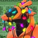  absurd_res ambiguous_gender android anthro black_body black_visor blue_eyes bust_portrait christmas christmas_decorations christmas_lights green_background hi_res holidays looking_at_viewer machine orange_body pattern_background portrait robot serious_face shaded shaded_face simple_background solo synth_(vader-san) synthetic yeenr 