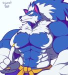  2021 abs belt big_pecs blue_body blue_fur canid canine canis capcom clothed clothing darkstalkers digital_drawing_(artwork) digital_media_(artwork) english_text fur gloves_(marking) head_tuft hi_res jon_talbain male mammal markings pecs purple_clothing raised_finger sash shaded signature simple_background solo text topless tuft unusualboo54 video_games were werecanid werecanine werewolf white_background white_body white_fur wolf yellow_clothing 