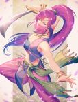  1girl blue_eyes breasts dancer_(final_fantasy) earrings faris_scherwiz final_fantasy final_fantasy_v green_eyes headband jewelry kuren long_hair looking_at_viewer ponytail purple_hair smile solo sword veil weapon 