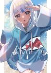  1girl 3xens beach blue_eyes blue_hair blue_hoodie blurry blurry_background blush cloud cloudy_sky eyebrows_visible_through_hair eyelashes fish_tail gawr_gura gradient gradient_clothes grey_hair highres hololive hololive_english hood hood_down hoodie long_eyelashes long_hair looking_at_viewer multicolored_hair ocean open_mouth pouch sand shark_tail sky solo streaked_hair tail twintails virtual_youtuber wet zipper_pull_tab 