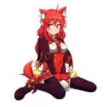  1girl animal_ears bag cape cat_ears dungeon_and_fighter female_mage_(dungeon_and_fighter) gloves highres mage_(dungeon_and_fighter) pointy_ears red_hair satchel sitting smile sss_(komojinos3) tail thighhighs white_background witch_(dungeon_and_fighter) 
