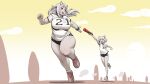  2020 2021 2girls animal_ears breasts buruma commentary cow_girl english_commentary fat gym_uniform highres horns large_breasts long_hair loped mouse_girl multiple_girls new_year open_mouth original pink_footwear running shirt shoes small_breasts sneakers t-shirt white_hair white_shirt yellow_sky 