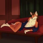  anthro arm_support canid canine clothed clothing fox furniture fuze hi_res lying male mammal mostly_nude nipples off_shoulder on_side on_sofa open_clothing open_robe robe robe_only seductive skimpy sofa solo 