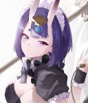  1girl alternate_costume bangs blush bob_cut bow bowtie breasts detached_collar enmaided eyeliner fate/grand_order fate_(series) frills head_tilt headpiece horns looking_at_viewer maid maid_headdress makeup mop oni oni_horns puffy_short_sleeves puffy_sleeves purple_eyes purple_hair short_eyebrows short_hair short_sleeves shuten_douji_(fate) simple_background skin-covered_horns small_breasts solo taino_kou upper_body white_background wrist_cuffs 