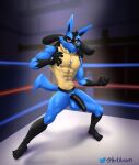  2022 abs anthro artariem athletic balls biceps big_balls big_penis black_penis blue_body digital_media_(artwork) digital_painting_(artwork) fighting_pose fighting_ring flaccid foreskin full-length_portrait genitals gym hi_res lucario male mammal muscular nintendo nude penis pok&eacute;mon pok&eacute;mon_(species) portrait pose red_eyes signature solo standing text url video_games yellow_chest 