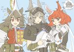  3girls :o animal_ears arknights arm_wrap armor ashlock_(arknights) belt_pouch blue_background bonjirix breastplate brown_eyes brown_hair ear_covers ear_tag earpiece ears_through_headwear english_text eyebrows_visible_through_hair fartooth_(arknights) flametail_(arknights) gauntlets green_bag grey_eyes grey_hair grey_shirt highres holding holding_paper horse_ears looking_at_viewer multiple_girls open_mouth orange_eyes orange_shirt paper pouch red_hair shirt simple_background spoken_character squirrel_ears thick_eyebrows thought_bubble upper_body v-shaped_eyebrows visor_(armor) wild_mane_(arknights) 
