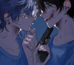  2boys at_gunpoint bite_mark black_hair blood blood_on_face blue_background blue_eyes blue_hair blue_skirt earrings green_eyes gun hand_on_another&#039;s_chin highres holding holding_gun holding_weapon jewelry lip_piercing looking_at_another male_focus multiple_boys open_mouth original pafujojo piercing ring shirt short_hair skirt t-shirt upper_body weapon yaoi 