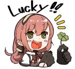  +_+ 1girl amonitto bangs black_gloves blush_stickers closed_mouth clover english_text eyebrows_visible_through_hair four-leaf_clover girls&#039;_frontline gloves green_eyes hair_between_eyes holding_clover open_mouth pink_hair r93_(girls&#039;_frontline) smile solo symbol-shaped_pupils teeth upper_body upper_teeth 