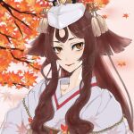  1girl beads breasts brown_hair fate/grand_order fate/requiem fate_(series) hat highres japanese_clothes kamo_nova kijo_kouyou_(fate) kimono large_breasts leaf long_hair long_sleeves looking_at_viewer maple_leaf prayer_beads smile solo tassel white_headwear white_kimono yellow_eyes 