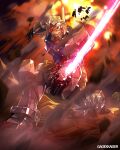  absurdres artist_name beam_saber english_commentary explosion gao_ex_kaiser glowing glowing_eye gundam highres mecha mobile_suit mobile_suit_gundam no_humans rx-78-2 science_fiction smoke solo v-fin yellow_eyes zaku_ii 