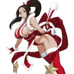  1girl black_eyes black_hair breasts christmas closed_fan fatal_fury fingerless_gloves folding_fan fur-trimmed_gloves fur-trimmed_legwear fur_trim gloves hand_fan high_ponytail highres korean_commentary large_breasts long_hair looking_at_viewer loped ninja parted_lips pelvic_curtain ponytail red_legwear revealing_clothes sash shiranui_mai simple_background solo the_king_of_fighters thighhighs thighs white_background 