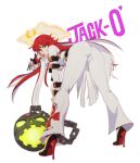  1girl absurdres ass ass_focus bangs bell-bottoms belt belt_buckle bent_over big.boss.requiem black_gloves blunt_ends bodysuit breasts buckle candy collared_shirt colored_inner_hair compass_rose_halo food full_body gloves guilty_gear guilty_gear_strive hair_between_eyes halo highres jack-o&#039;_valentine large_breasts lips lollipop long_hair long_sleeves looking_at_viewer multicolored_hair pants plunging_neckline red_hair shiny shiny_clothes shirt skin_tight solo two-tone_hair white_bodysuit white_hair white_pants white_shirt 