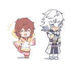  1boy 1girl :d blush_stickers brown_hair chibi closed_eyes cosplay fan_la_norne fan_la_norne_(cosplay) full_body hagoromo hair_between_eyes highres jin_(xenoblade) kaguyamaou shawl simple_background smile standing white_background white_hair xenoblade_chronicles_(series) xenoblade_chronicles_2 xenoblade_chronicles_2:_torna_-_the_golden_country 
