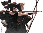  2boys absurdres aiming arm_guards arrow_(projectile) bangs black_hair bow_(weapon) brown_hair closed_mouth covered_mouth cowboy_shot drawing_bow focused from_side hadanugi_dousa hair_tubes head_scarf high_ponytail highres hip_vent holding holding_arrow holding_bow_(weapon) holding_weapon ine_(zx_o4) japanese_clothes kema_tomesaburou long_hair long_sleeves looking_away male_focus multiple_boys ninja outstretched_arm ponytail profile rakudai_ninja_rantarou sash simple_background smile weapon white_background zenpouji_isaku 