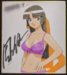  1girl bangs black_hair bra collarbone commission dated eyebrows_visible_through_hair highres houjin_exaxxion long_hair looking_to_the_side marker_(medium) minagata_isaka panties parted_bangs purple_bra purple_panties second-party_source shikishi signature smile solo sonoda_ken&#039;ichi traditional_media underwear upper_body white_background 