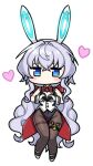  1girl animal_ears bangs blacha_(dkskek157) black_leotard blue_eyes blush_stickers bow bowtie brooch chibi counter:side crossed_bangs eyebrows_behind_hair fake_animal_ears full_body gloves glowing_headgear grey_hair groin hair_intakes heart heart_hands highleg highleg_leotard horizon_(counter:side) jewelry jitome leotard long_hair looking_at_viewer low_ponytail no_mouth official_alternate_costume pantyhose playboy_bunny rabbit_ears sidelocks solo thigh_strap very_long_hair wavy_hair white_background 