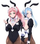 absurdres animal_ears ass back blue_hair blush breasts cleavage felicia_(fire_emblem) fire_emblem fire_emblem_fates fire_emblem_heroes flora_(fire_emblem) green_eyes grey_eyes highres large_breasts looking_at_viewer maid maid_headdress pantyhose pink_hair playboy_bunny ponytail puffy_sleeves rabbit_ears rabbit_tail ribbon seityr tail twintails 