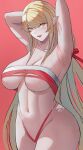  1girl armpits arms_behind_head arms_up ass bangs blonde_hair blush breasts chest_sarashi chinese_commentary cleavage clothing_request collarbone commentary fangs green_eyes hair_ribbon highres kiss-shot_acerola-orion_heart-under-blade large_breasts long_hair looking_at_viewer milksasa monogatari_(series) pointy_ears red_background red_ribbon ribbon sarashi sidelocks simple_background solo standing sweat swept_bangs vampire very_long_hair 