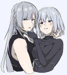  2girls ak-15_(girls&#039;_frontline) bangs black_bodysuit blush bodysuit braid breasts cropped_torso eyebrows_visible_through_hair girls&#039;_frontline grey_hair hair_ornament hairclip hand_on_own_chin highres hug hug_from_behind long_hair looking_at_another looking_at_viewer medium_breasts medium_hair multiple_girls open_mouth purple_eyes rpk-16_(girls&#039;_frontline) shitamichi_4444 upper_body white_background 