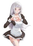  1girl absurdres alternate_costume apron azur_lane bangs blush boost404 breasts cleavage closed_mouth collarbone eyebrows_visible_through_hair feet_out_of_frame fishnet_legwear fishnets grey_hair heart heart-shaped_pupils heart_hands highres long_hair looking_at_viewer maid maid_apron medium_breasts purple_eyes smile solo standing symbol-shaped_pupils thighhighs white_apron white_background white_legwear yorck_(azur_lane) 