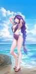  1girl armpits arms_up bangs beach blue_sky blunt_bangs braid braided_ponytail breasts choker cloud cloudy_sky day feet flip-flops foreshortening full_body genshin_impact hair_ornament highres hiki_niito horizon large_breasts legs long_hair looking_at_viewer medium_breasts mole mole_under_eye o-ring o-ring_swimsuit ocean one-piece_swimsuit outdoors parted_lips purple_eyes purple_hair purple_swimsuit raiden_shogun revision sandals sky standing swimsuit symbol-only_commentary thighs toes very_long_hair water wet 