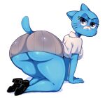  2022 all_fours anthro big_breasts big_butt bottomwear breasts butt cartoon_network clothed clothing domestic_cat eyelashes felid feline felis female footwear frown half-closed_eyes hi_res high_heels huge_butt ichig8miruku_(artist) looking_at_viewer looking_back mammal mature_female narrowed_eyes nicole_watterson pink_nose shirt shoes simple_background skirt solo the_amazing_world_of_gumball topwear upskirt whiskers white_background 