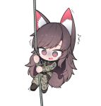  1girl :o @_@ animal_ears bangs brown_hair camouflage camouflage_jacket camouflage_pants full_body hh highres holding imaizumi_kagerou jacket long_hair long_sleeves military military_uniform open_mouth pants red_eyes rope solo tail touhou uniform wolf_ears wolf_girl wolf_tail 