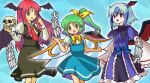  3girls :d ;d bat_wings black_skirt black_vest black_wings blue_background blue_bow blue_dress blue_hair blush bow bowtie character_name collarbone commentary_request cowboy_shot daiyousei dress dress_shirt fairy_wings green_eyes green_hair hair_bow head_wings highres holding holding_skull juliet_sleeves koakuma long_hair long_sleeves looking_at_viewer low_wings misaki_(originalsin) multicolored_hair multiple_girls multiple_wings necktie one_eye_closed pinafore_dress puffy_short_sleeves puffy_sleeves red_eyes red_hair red_necktie red_wings shirt short_hair short_sleeves side_ponytail sidelocks simple_background single_head_wing skirt skirt_set skull sleeping smile standing tokiko_(touhou) touhou two-tone_hair very_long_hair vest white_hair white_shirt wide_sleeves wings yellow_bow yellow_bowtie 